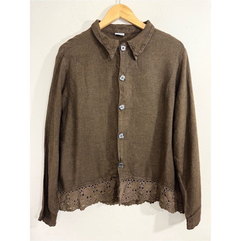 CP Shades Brown Linen Blend Button-Front Top Crochet Hem size S Cottagecore